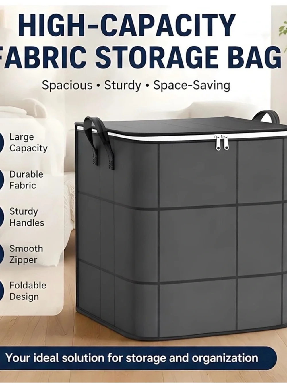 High-Capacity Gray Fabric Storage Bag with Zipper